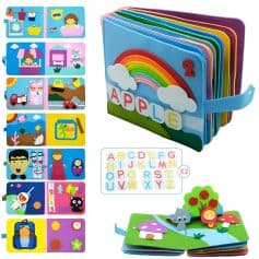 Soft fabric children's activity book with colorful scenes, alphabet puzzles, and imaginative play elements, ideal for early childhood development and educational fun.