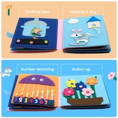 Colorful fabric children's activity book featuring interactive learning toys with educational games and sensory elements. Perfect for early childhood development and playful learning.