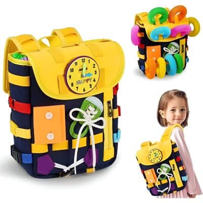 Colorful children's backpack with built-in clock and school accessories, perfect for elementary students. Durable design with multiple compartments for books, stationery, and toys, ideal for school and everyday use.