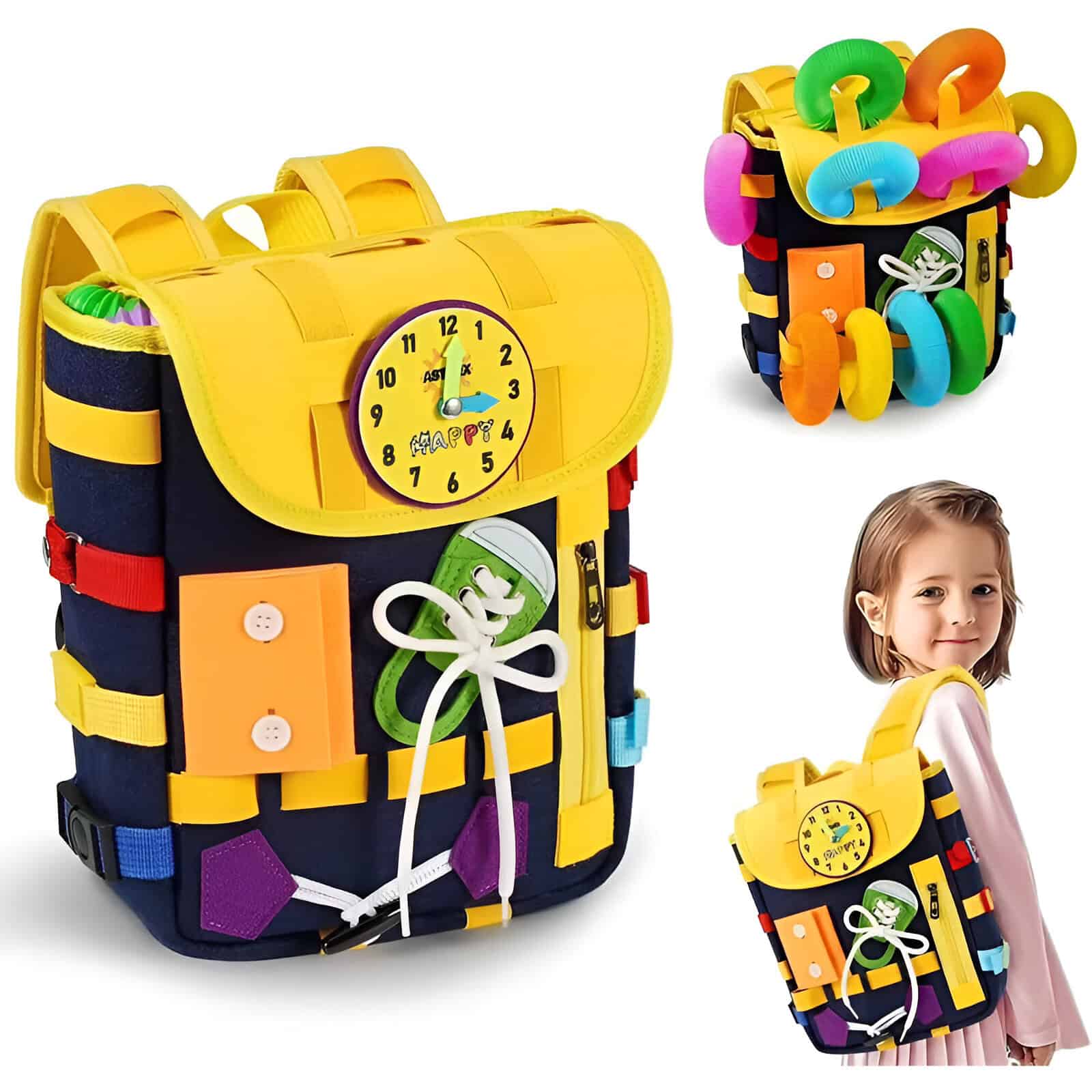 Colorful children's backpack with built-in clock and school accessories, perfect for elementary students. Durable design with multiple compartments for books, stationery, and toys, ideal for school and everyday use.