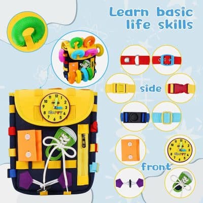 Colorful children's backpack with learning accessories and basic life skills educational toys, including clock, shoe laces, and adjustable straps for kids.