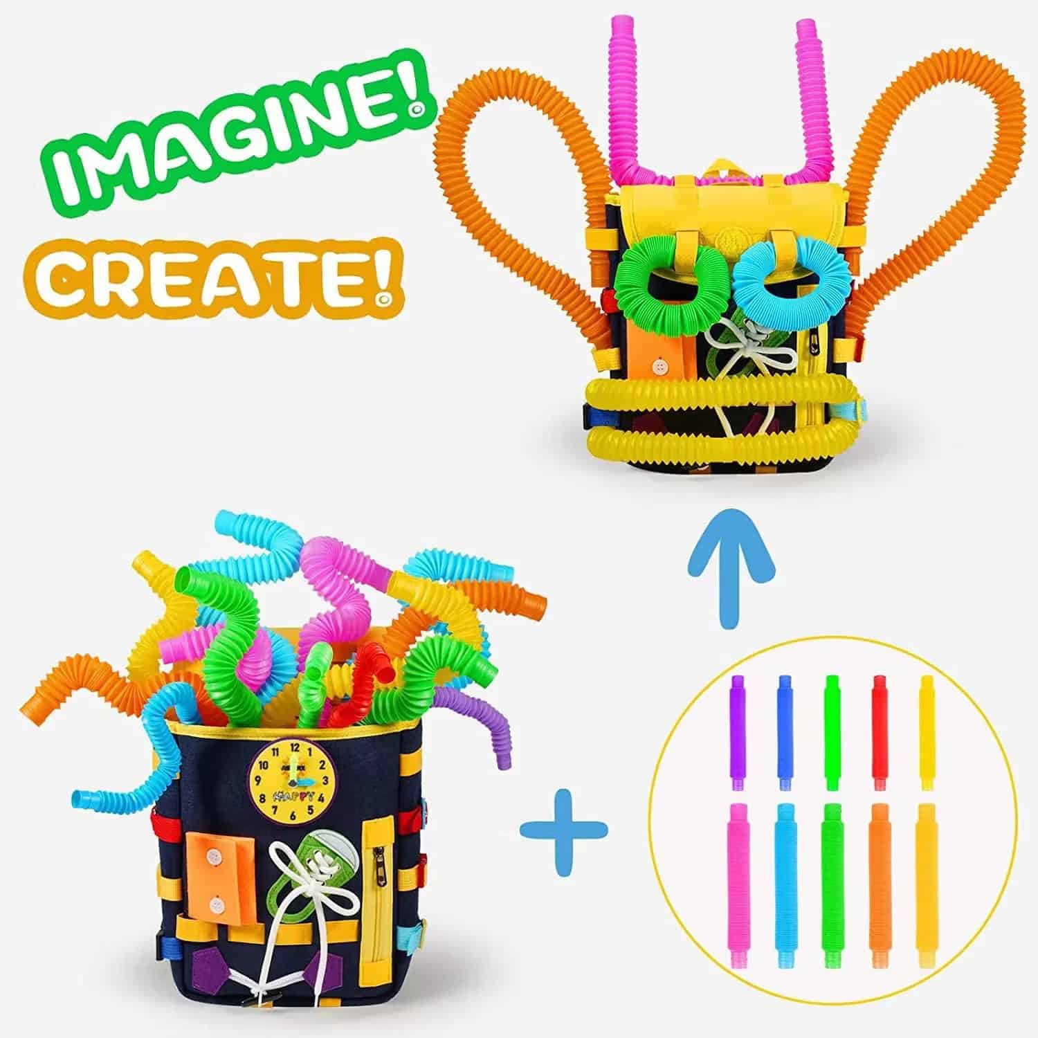 Colorful creative DIY backpack with flexible, edible-looking pipe cleaners for kids' arts and crafts projects, ideal for designing personalized, fun, and innovative school accessories or gifts.