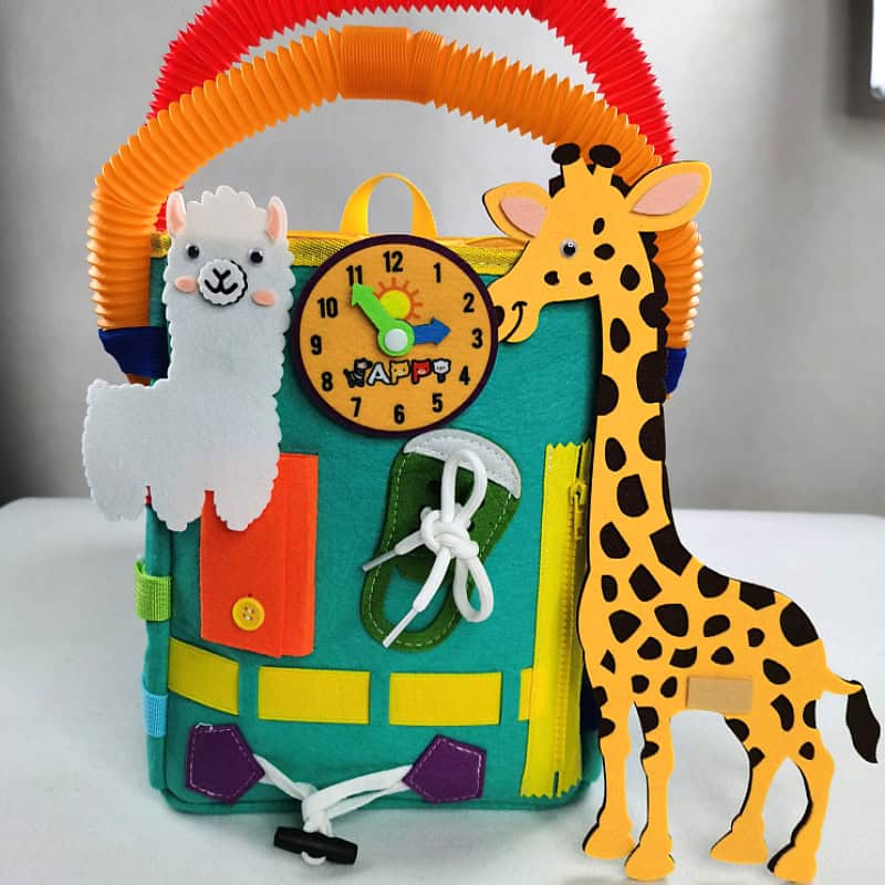 Colorful soft sensory backpack for children with animal design, llama and giraffe features, portable travel toy, educational activity bag for toddlers and preschoolers, learn through play.