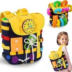 Colorful children’s school backpack with clock, shoelace, and pocket accessories for kids school bags.
