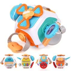 Colorful baby early educational activity cube with various interactive play features.