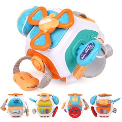 Colorful baby early educational activity cube with various interactive play features.