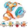 Fun robot toy for kids with colorful buttons, sliders, and wheels, suitable for developmental play and early learning.