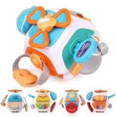 Fun robot toy for kids with colorful buttons, sliders, and wheels, suitable for developmental play and early learning.