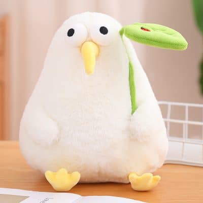 Soft plush stork toy with green leaf accessory, ideal for children's decor and toys, available at Monalisa Store for opt comfort and playful design.
