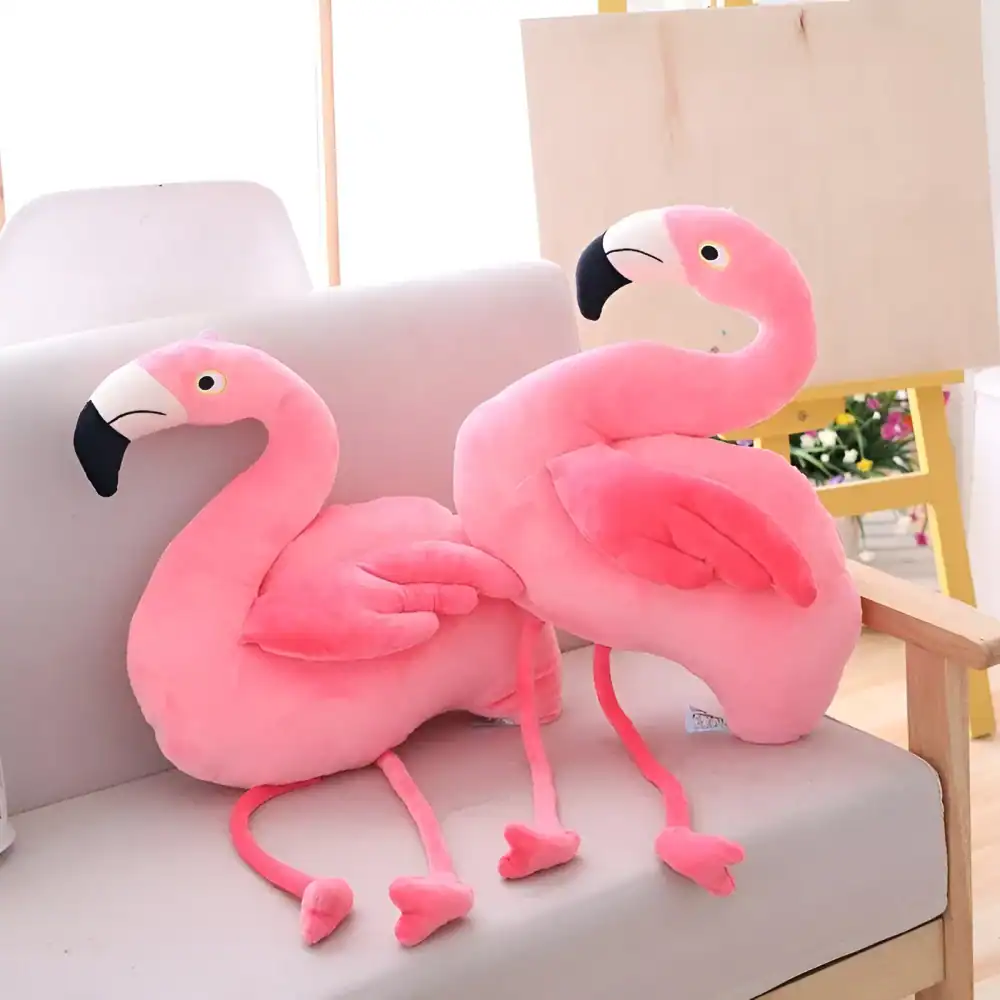 Flamingo plush toys, soft pink decorative cushions, perfect for home decor or gifts, featuring realistic design with long legs and black beak, ideal for living room or bedroom accents.