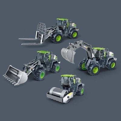 Compact toy construction vehicles set with realistic features, including excavator, loader, bulldozer, roller, and forklift, perfect for children interested in construction equipment and play.
