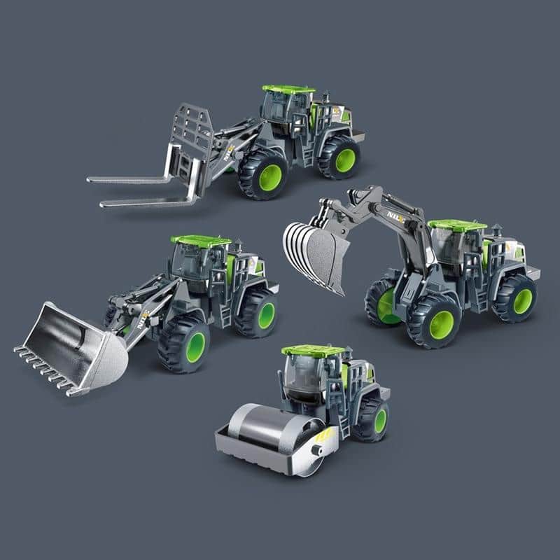 Compact toy construction vehicles set with realistic features, including excavator, loader, bulldozer, roller, and forklift, perfect for children interested in construction equipment and play.