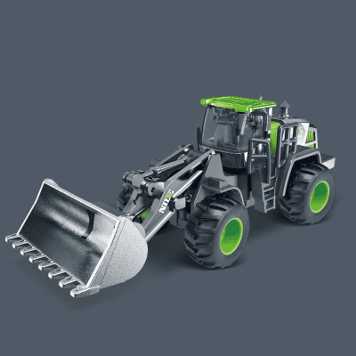 Heavy-duty construction loader toy in green and black with realistic details, ideal for kids' playrooms and educational activities.