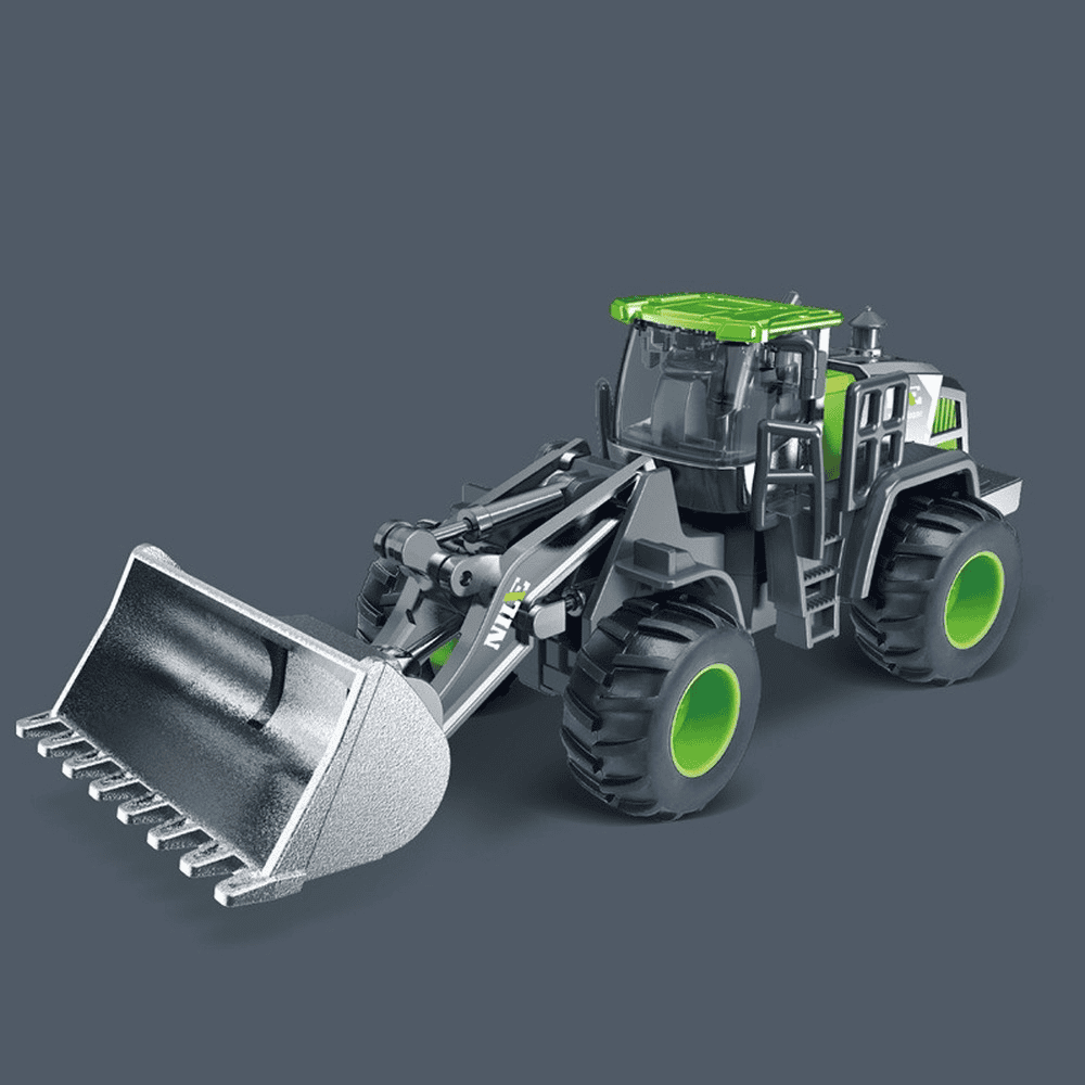Heavy-duty construction loader toy in green and black with realistic details, ideal for kids' playrooms and educational activities.