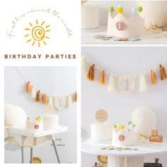 Cute first birthday party decorations with tassel banners, milestone cake, and pastel-themed accessories for a memorable celebration at Monalisa Medical Store.