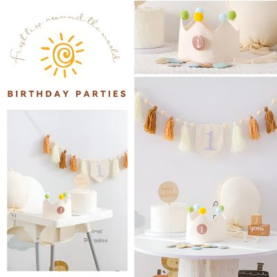 Cute first birthday party decorations with tassel banners, milestone cake, and pastel-themed accessories for a memorable celebration at Monalisa Medical Store.