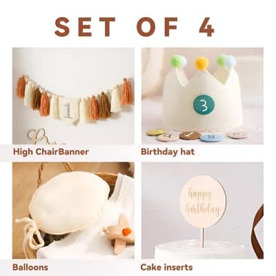Set of 4 decorative birthday party supplies for children, including a high chair banner, birthday hat, balloons, and cake inserts, perfect for baby showers and kids' celebrations.