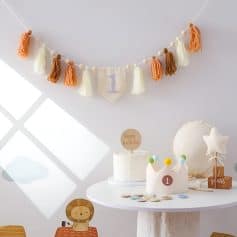 Colorful birthday decorations for a child's first birthday celebration, featuring tassel garland, themed cake, and adorable party accessories in soft pastel tones. Perfect for a memorable milestone event.