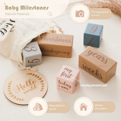 Wooden baby milestone blocks, natural beach wood, interior decoration for nursery, customizable baby keepsake, high-quality wooden baby milestone blocks.