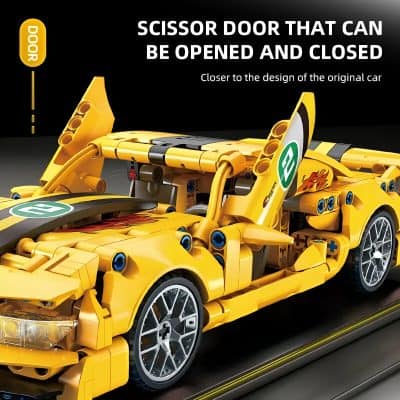 LEGO-style yellow sports car with openable and closable scissor doors, detailed miniature toy vehicle, designed for car enthusiasts and collectors, showcases innovative car door mechanism, perfect for automotive display.