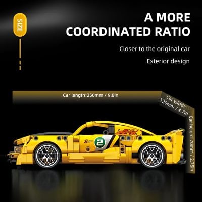 Yellow LEGO-built race car with detailed dimensions and sporty design, ideal for model car enthusiasts and custom automotive displays.