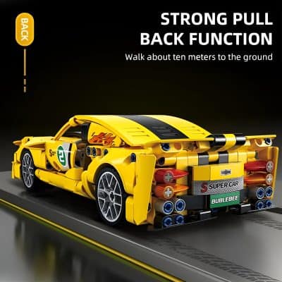 Lego car model for sale, bright yellow speed racing vehicle with intricate details, ideal for toy car enthusiasts, perfect for display or gift, showcasing high-quality construction and vibrant design.