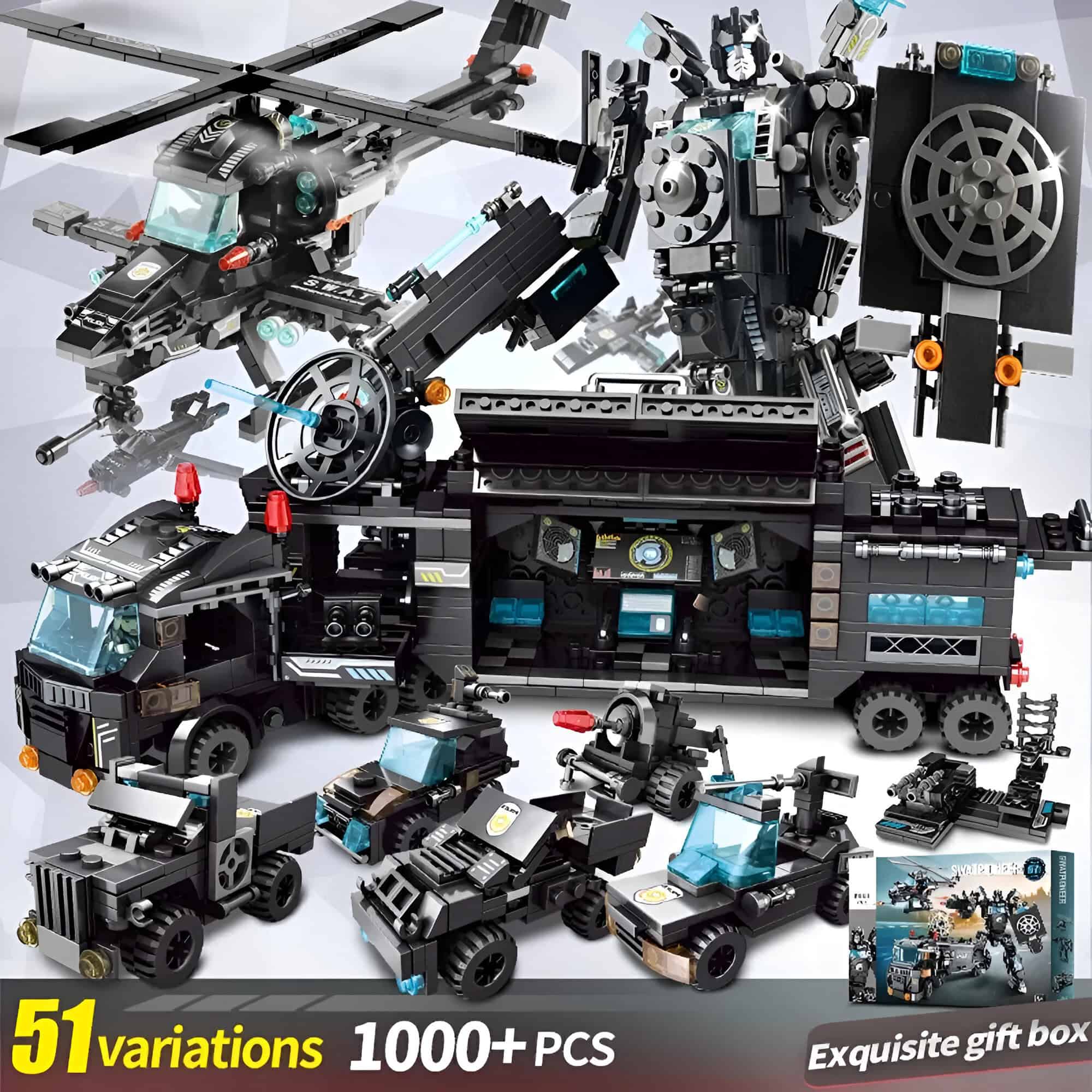 LEGO Monalisa Store building kit with 51 variations, over 1000 pieces, featuring detailed military and sci-fi vehicles and figures, perfect for collectors and LEGO enthusiasts.