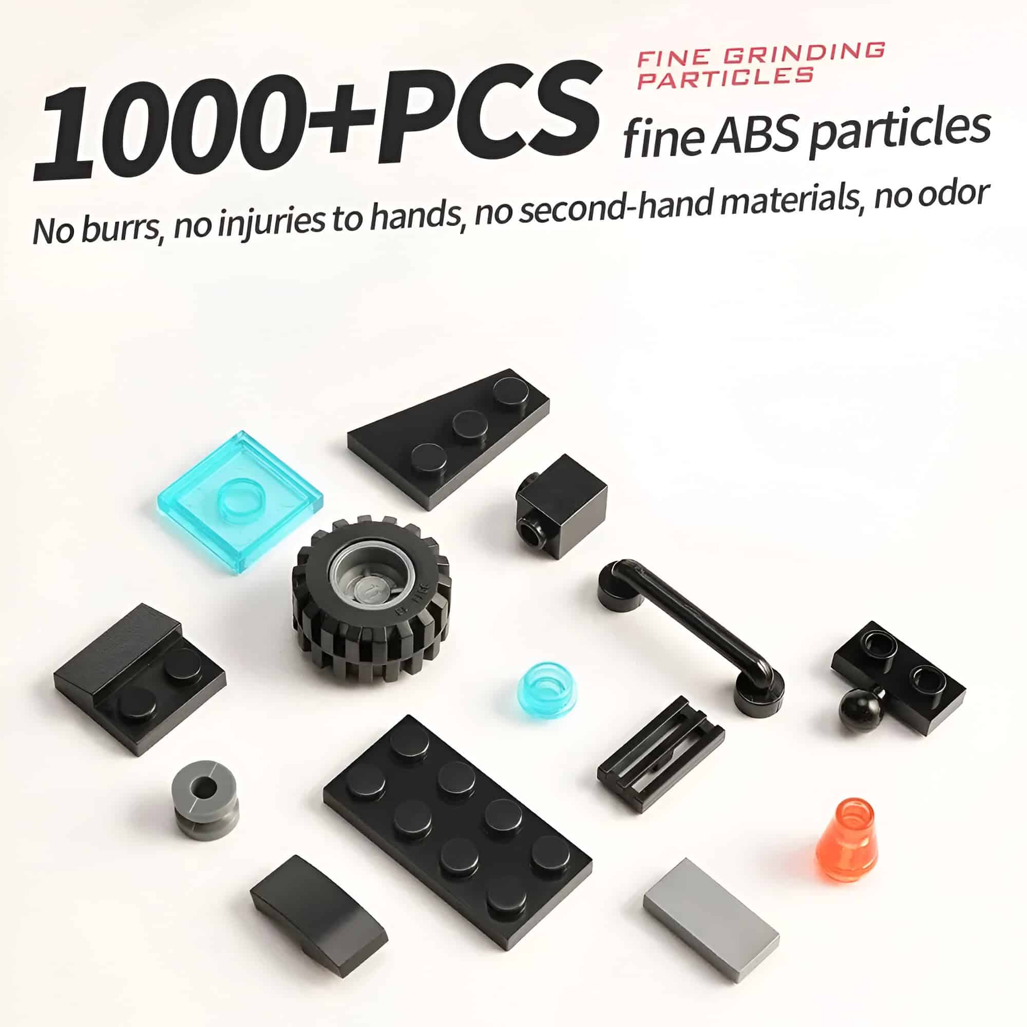 1000+PCS fine ABS particles, small black and colored plastic pieces used for toy building blocks, educational crafts, and DIY projects, safe and non-toxic for children and adults.