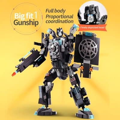 Gunship robot toy building block set, ideal for kids and collectors, features full-body proportional design, detailed head, and weapon accessories for creative play and display.