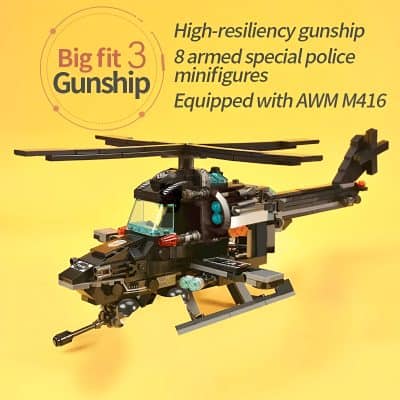 Legos helicopter model with advanced weaponry and detailed design, showcasing high-resiliency gunship features, perfect for fighting games and military enthusiasts.
