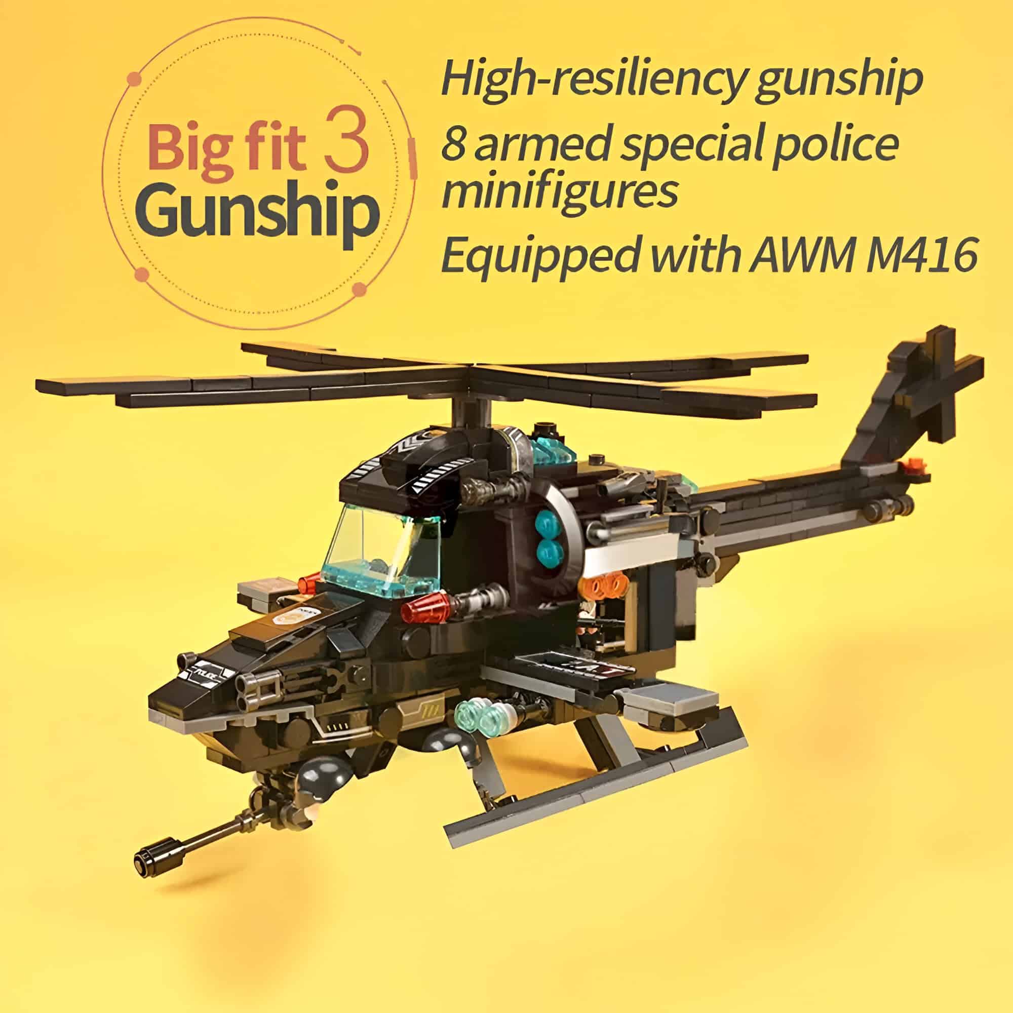Legos helicopter model with advanced weaponry and detailed design, showcasing high-resiliency gunship features, perfect for fighting games and military enthusiasts.
