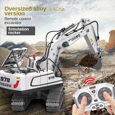Remote control excavator toy, realistic construction vehicle for kids, wireless operation, durable oversized alloy design, perfect for educational play and indoor or outdoor landscaping fun.