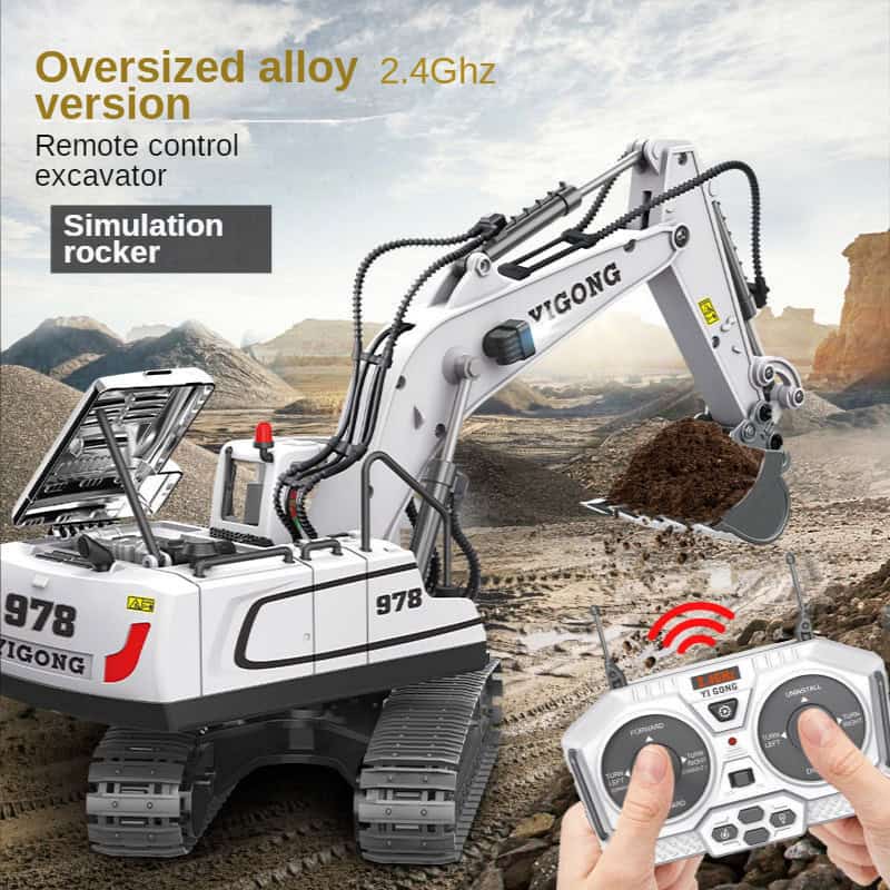 Remote control excavator toy, realistic construction vehicle for kids, wireless operation, durable oversized alloy design, perfect for educational play and indoor or outdoor landscaping fun.