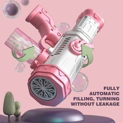 Pink automatic filler device for medical or cosmetic use, enhanced with leakage prevention, perfect for precise injections, buoyed by bubbles and modern design elements.