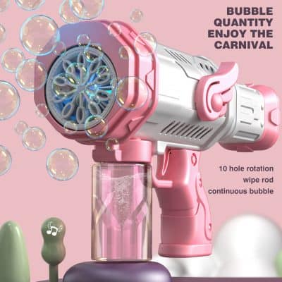 Pink bubble gun toy with rotating 10-hole nozzle, wipe rod, and continuous bubbles for children, colorful entertainment.