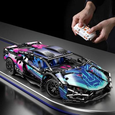 Lego advanced remote-controlled sports car with colorful design and intricate details, controlled by a person holding a gamepad, showcasing innovative building and remote driving technology.