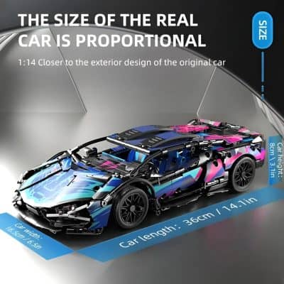 Blue and black LEGO model of a sports car with colorful accents, detailed measurements for length, width, and height, emphasizing car proportions and design features for automotive enthusiasts.