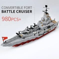 Detailed LEGO model of a battleship with multiple weapons, superstructure, and deck, highlighting advanced design and craftsmanship, ideal for military and naval enthusiasts.