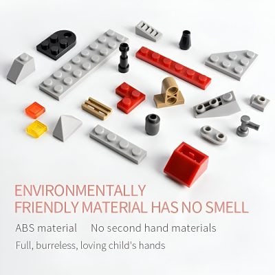 Brightly colored LEGO building blocks scattered on a white surface, showcasing eco-friendly, non-toxic materials and innovative children's toys.