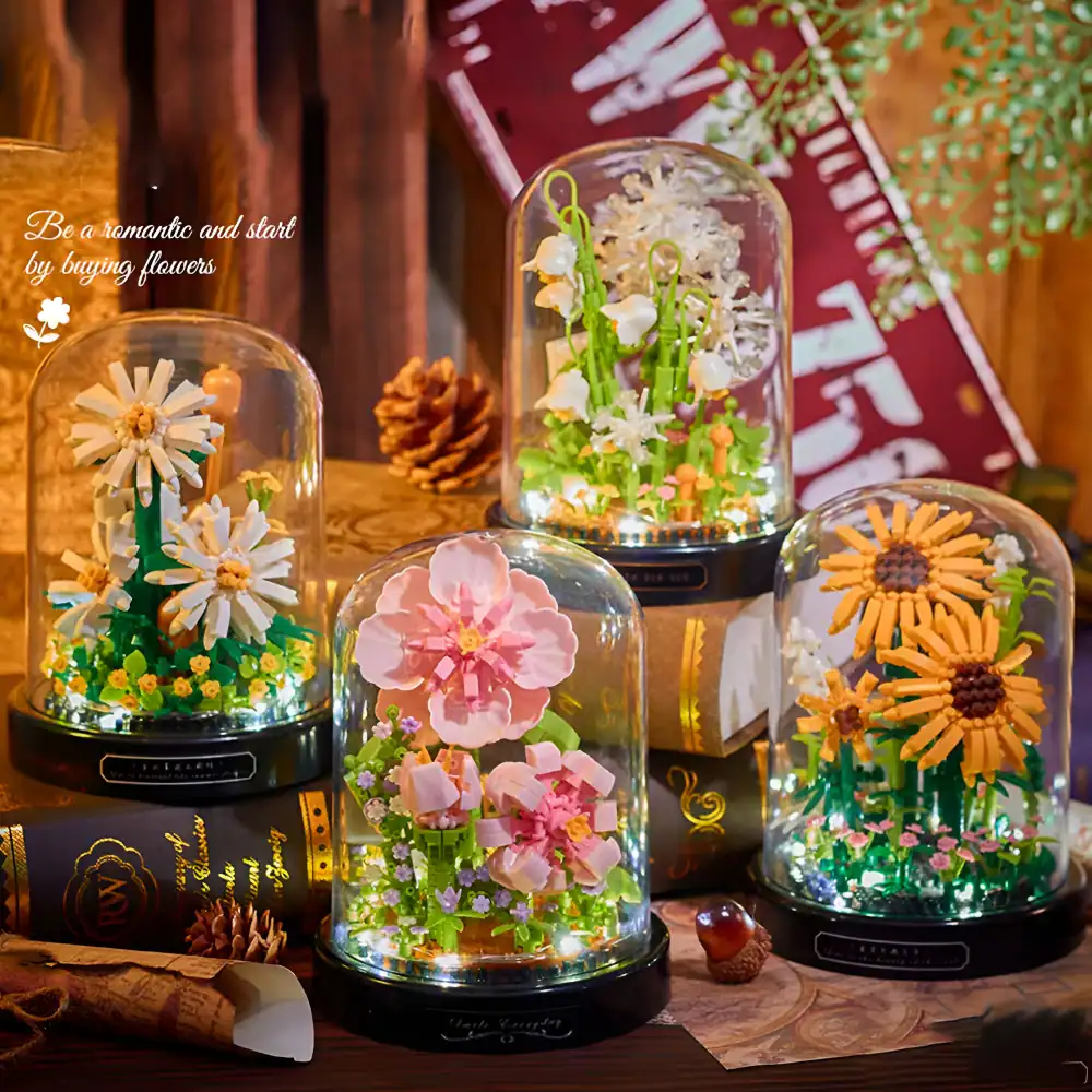 Elegant floral LED lamps with preserved flowers, perfect for home decor and creating a romantic atmosphere. Ideal gift for special occasions, showcasing intricate craftsmanship and vibrant colors.