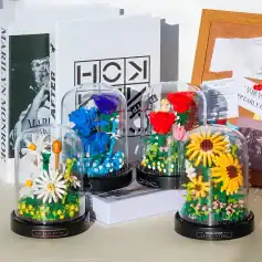 Flowers under glass domes, decorative artificial flowers, Monalisa Store, vibrant floral arrangements for home decor, preserved flower art, decorative flower displays for aesthetic enhancement.