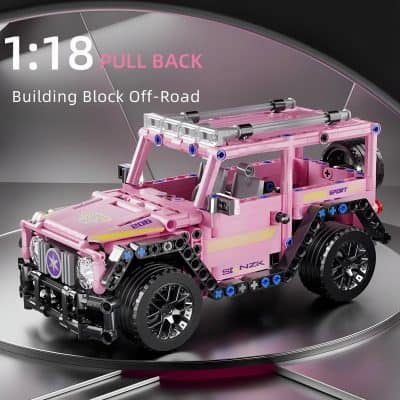 Pink toy off-road vehicle made with building blocks, detailed with lights, wheels, and accessories, resembling a miniature sports SUV, suitable for kids and hobbyists, emphasizing creativity and construction.