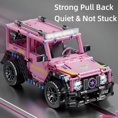 LEGO-style pink toy car with realistic details, strong pull-back mechanism, quiet operation, and smooth performance, ideal for children's play and creative imagination.