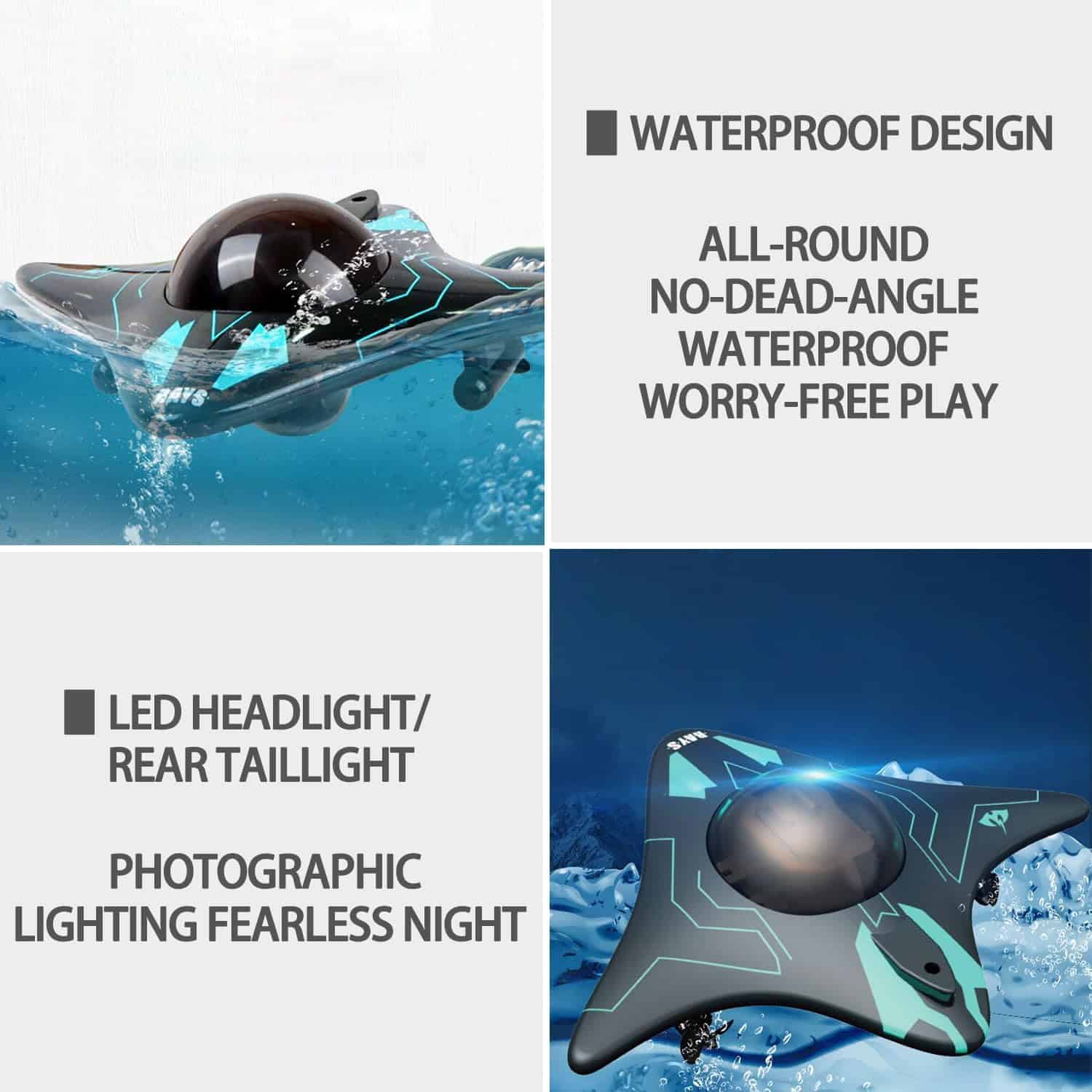 Waterproof sports goggles with all-round no-dead-angle design, ideal for swimming and water activities. Features LED headlights and rear taillight for fearlessly night swimming and enhanced safety.