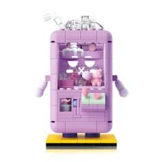 Colorful LEGO-style robot toy in pastel pink and purple with expressive facial features, arms, and a display of small accessories, recommended for children’s entertainment and imaginative play.