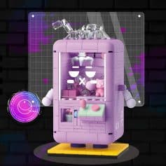 Vibrant pink LEGO vending machine with playful toys, a bear figure, and robot arms, set against a dark brick wall with digital graphic accents, showcasing innovative toy vending solutions.