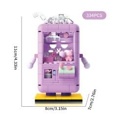 Colorful LEGO-style toy vending machine with small accessories, pink, purple, and white colors, measuring 11cm x 8cm x 7cm, suitable for children, decorative collectible item, inspired by Monalisa Store.