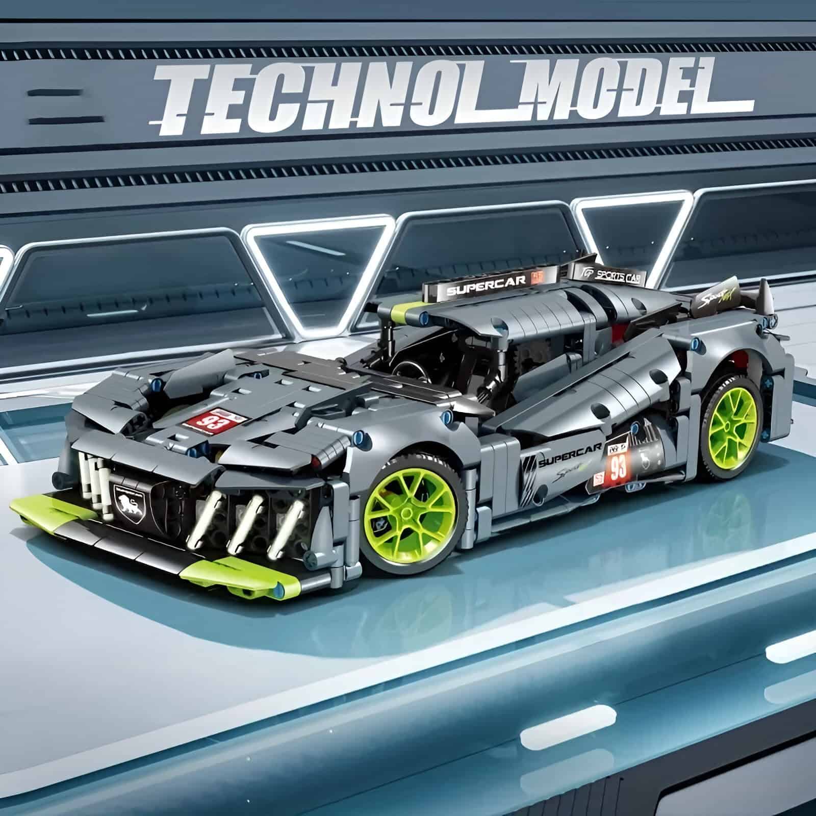 LEGO Technic supercar model with detailed engine, aerodynamic design, and bright green accents, displayed in a high-tech, modern environment for automotive and toy enthusiasts.