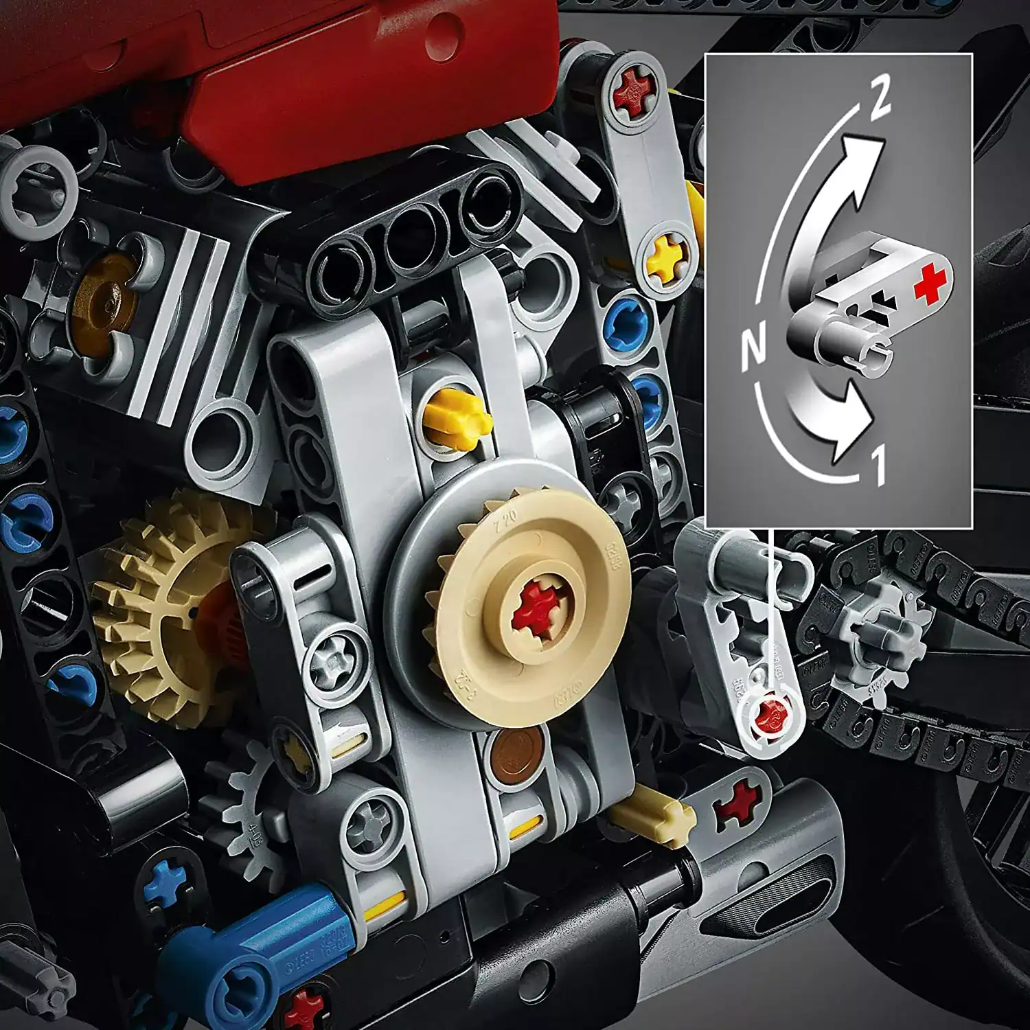Detailed close-up of a LEGO engine model with gears, axles, and technical elements. Perfect for construction, STEM education, and toy enthusiast visuals emphasizing creativity and engineering.