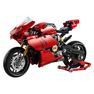 Detailed Lego motorcycle model resembling a red sportbike, featuring intricate parts, realistic wheels, and a racing design, ideal for motorcycle enthusiasts and LEGO collectors.